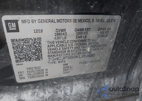 2019 Chevrolet Trax Lt from USA, damaged, VIN 3GNCJPSB0KL258680